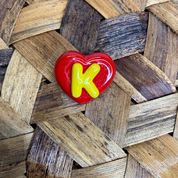 Pin Red Heart w Gold Yellow K In the Center 1 x 1.25" - Picture 1 of 2